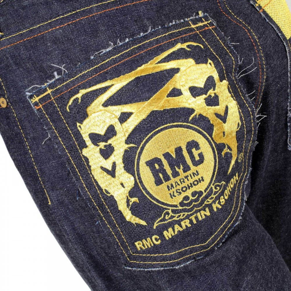 Embroidered Gold and Red FM Union Japanese Selvedge Indigo Raw Denim