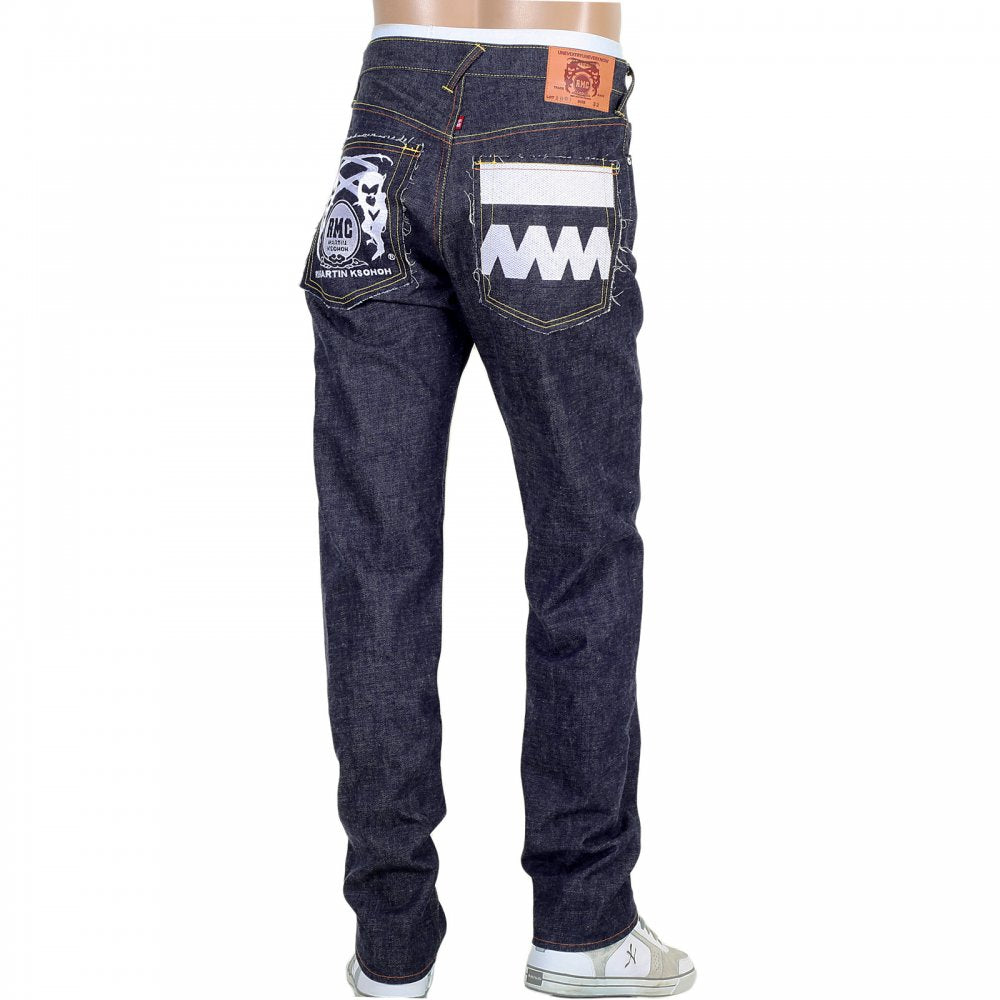 Japanese Selvedge Indigo Raw Denim Jeans with White and Red Embroidered FM Union