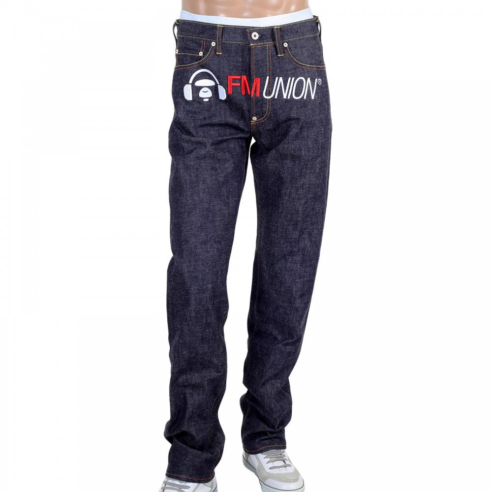 Japanese Selvedge Indigo Raw Denim Jeans with White and Red Embroidered FM Union