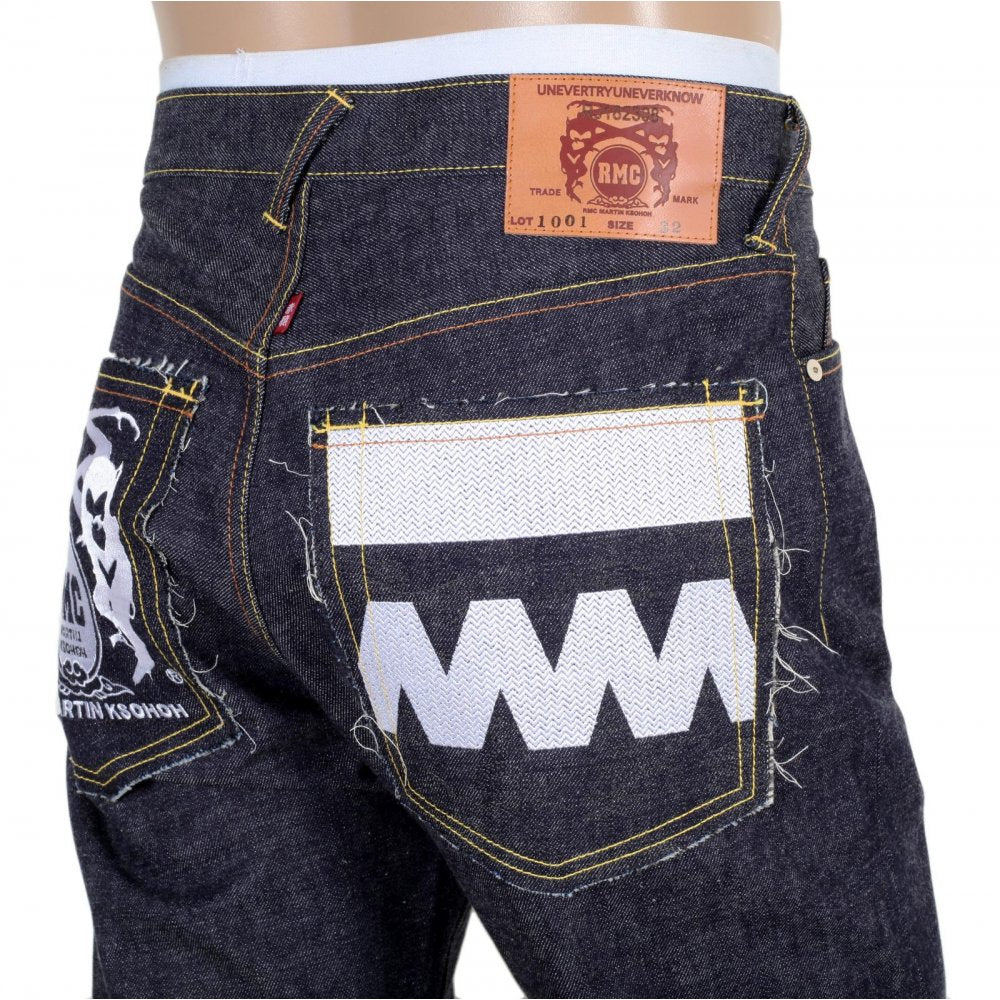 Japanese Selvedge Indigo Raw Denim Jeans with White and Red Embroidered FM Union