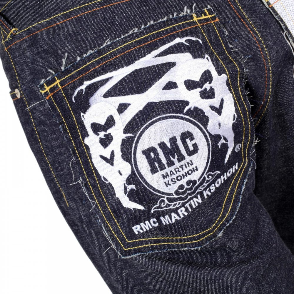 Japanese Selvedge Indigo Raw Denim Jeans with White and Red Embroidered FM Union