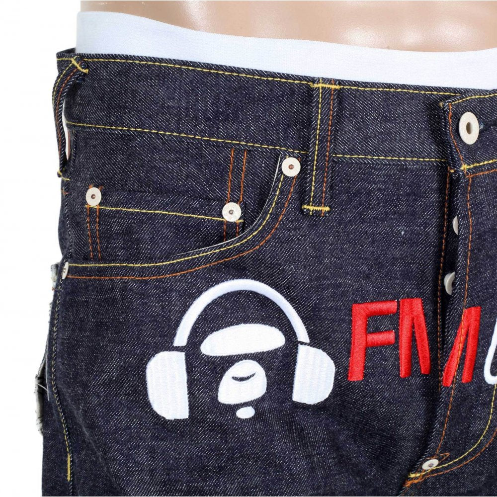 Japanese Selvedge Indigo Raw Denim Jeans with White and Red Embroidered FM Union