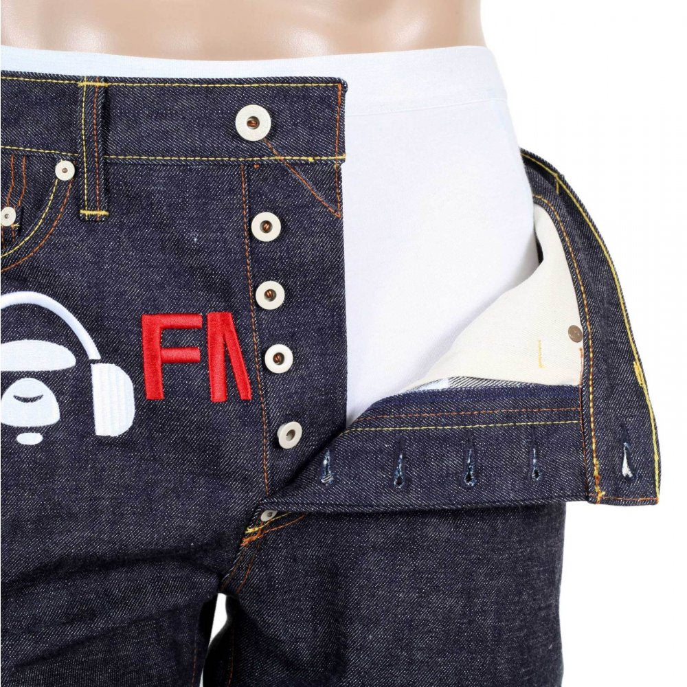 Japanese Selvedge Indigo Raw Denim Jeans with White and Red Embroidered FM Union