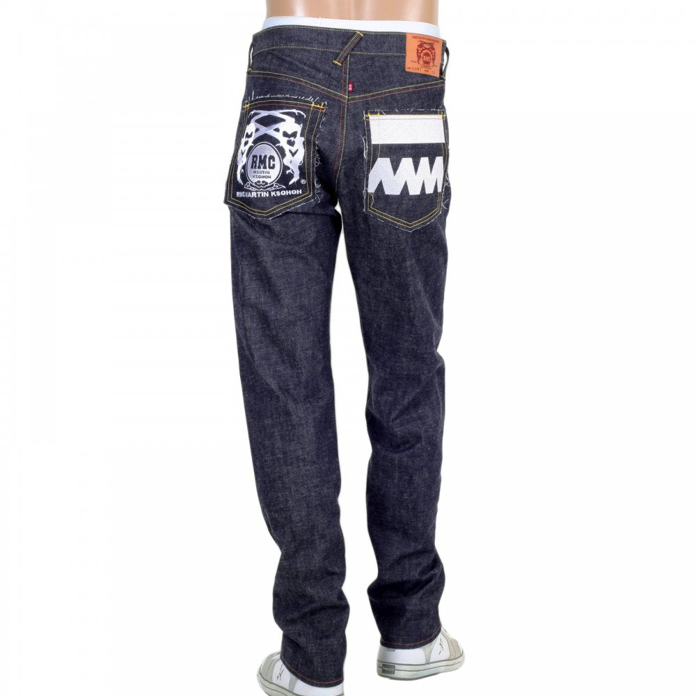 Japanese Selvedge Indigo Raw Denim Jeans with White and Red Embroidered FM Union