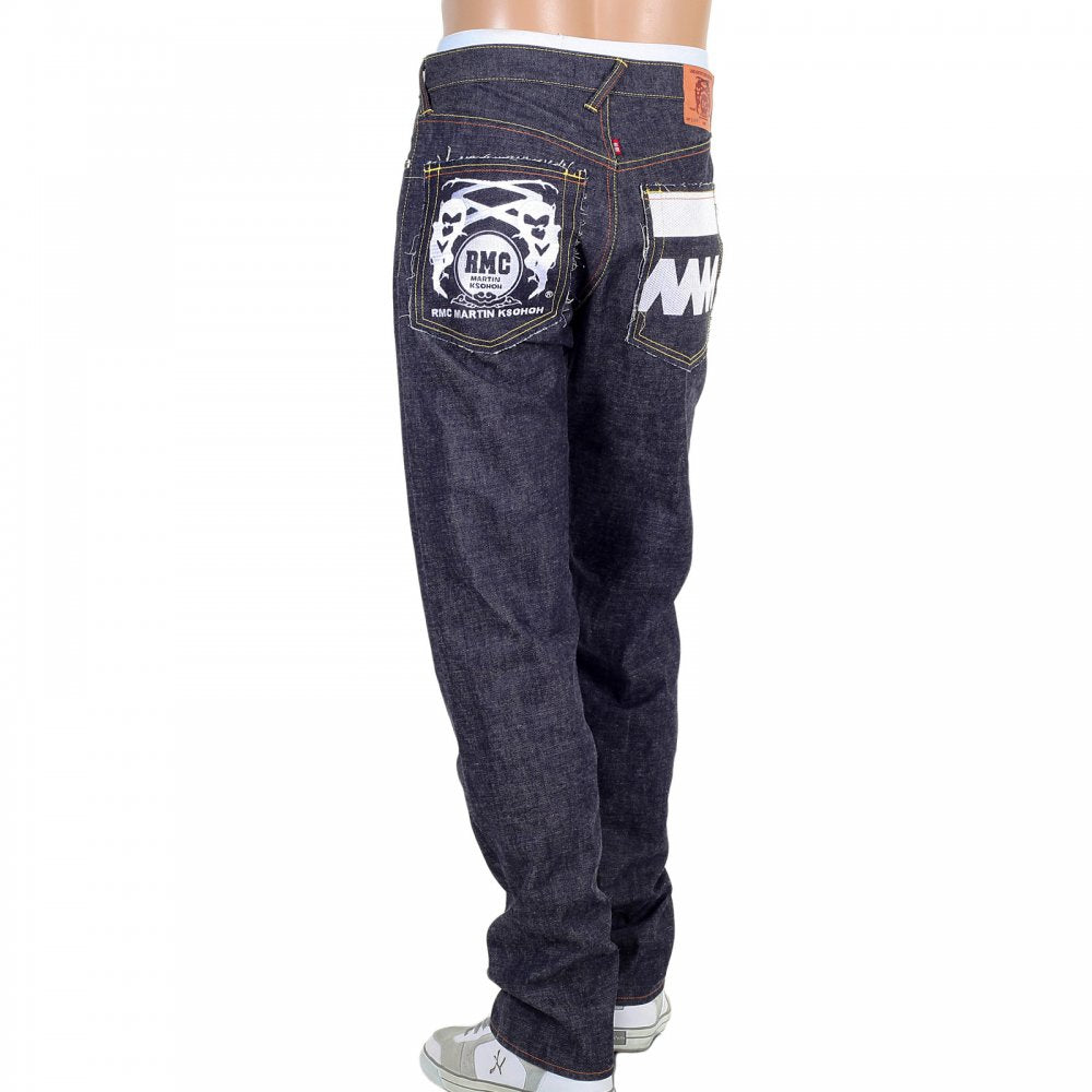 Japanese Selvedge Indigo Raw Denim Jeans with White and Red Embroidered FM Union