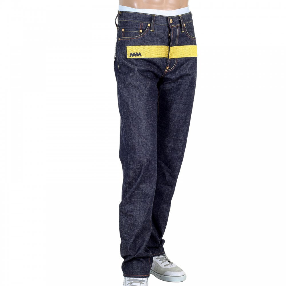 Selvedge Indigo Raw Japanese Denim with Embroidered Gold and Red Logo