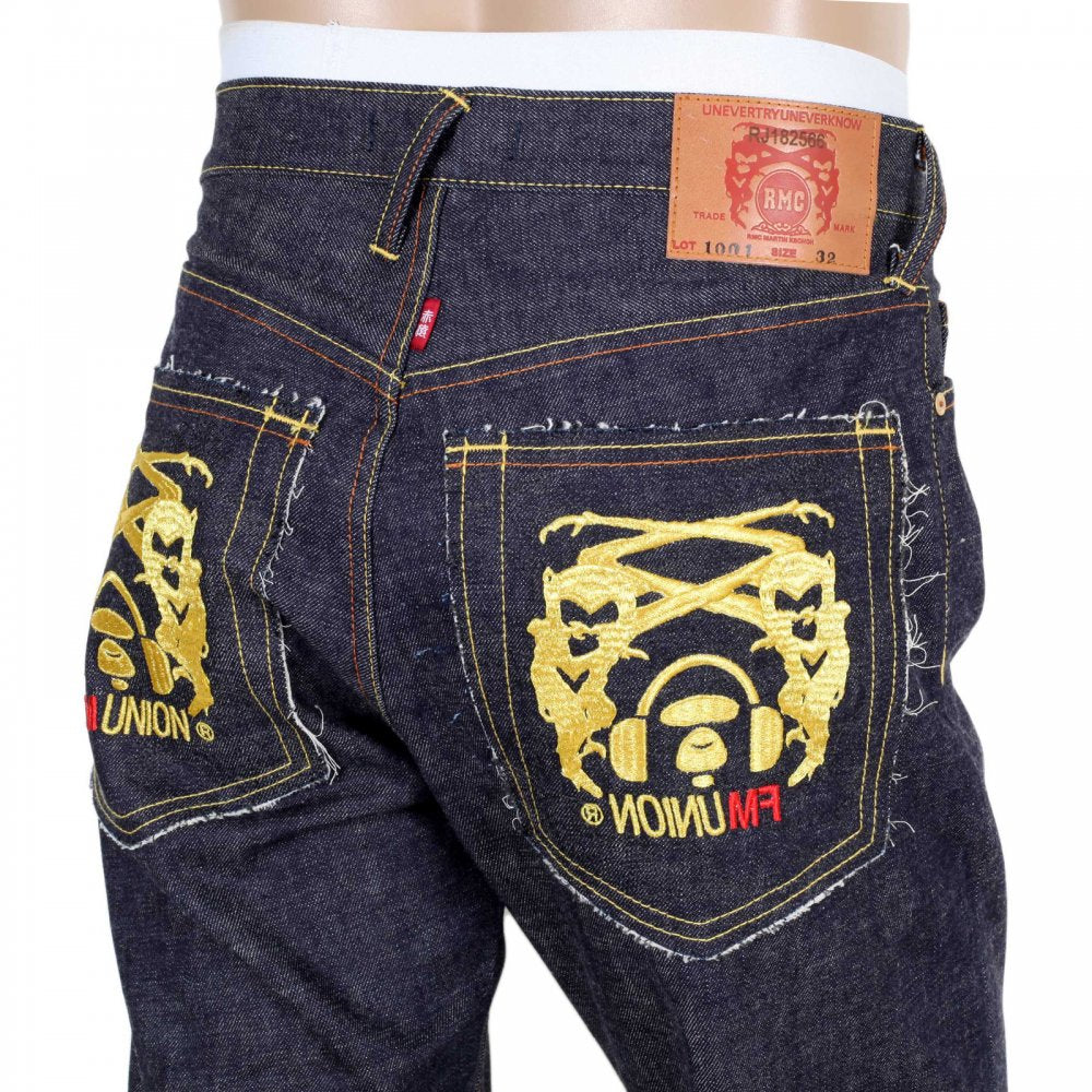 Selvedge Indigo Raw Japanese Denim with Embroidered Gold and Red Logo