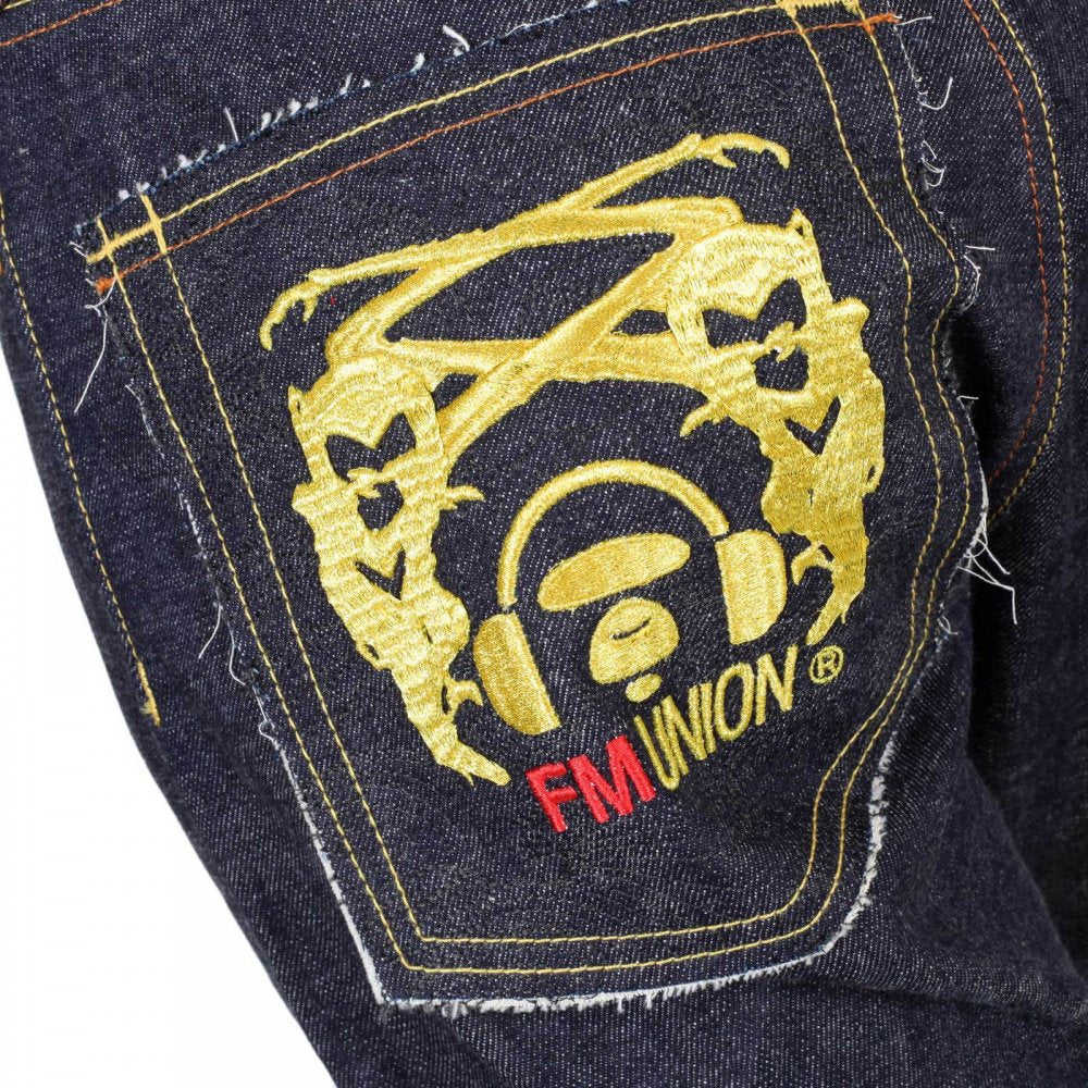 Selvedge Indigo Raw Japanese Denim with Embroidered Gold and Red Logo