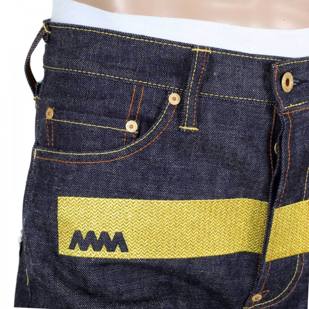 Selvedge Indigo Raw Japanese Denim with Embroidered Gold and Red Logo