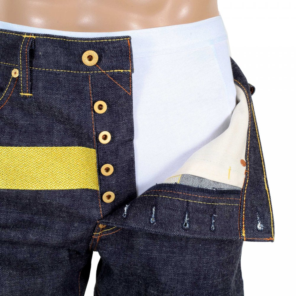 Selvedge Indigo Raw Japanese Denim with Embroidered Gold and Red Logo