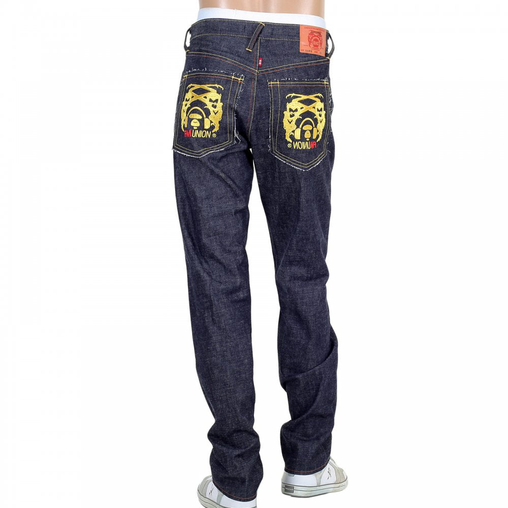 Selvedge Indigo Raw Japanese Denim with Embroidered Gold and Red Logo