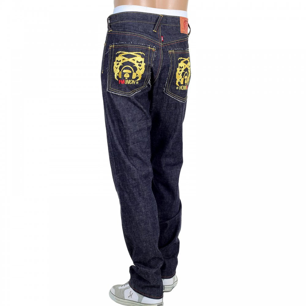 Selvedge Indigo Raw Japanese Denim with Embroidered Gold and Red Logo