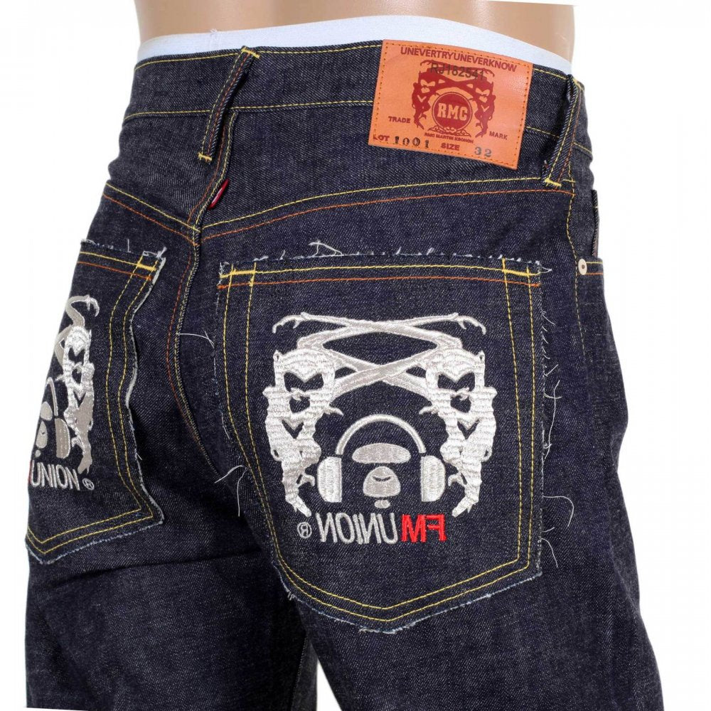 Selvedge Indigo Raw Japanese Denim with Embroidered Silver and Red Logo