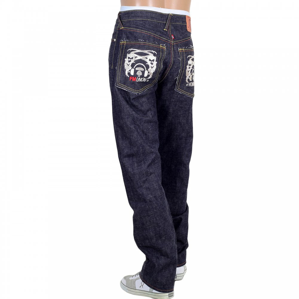 Selvedge Indigo Raw Japanese Denim with Embroidered Silver and Red Logo