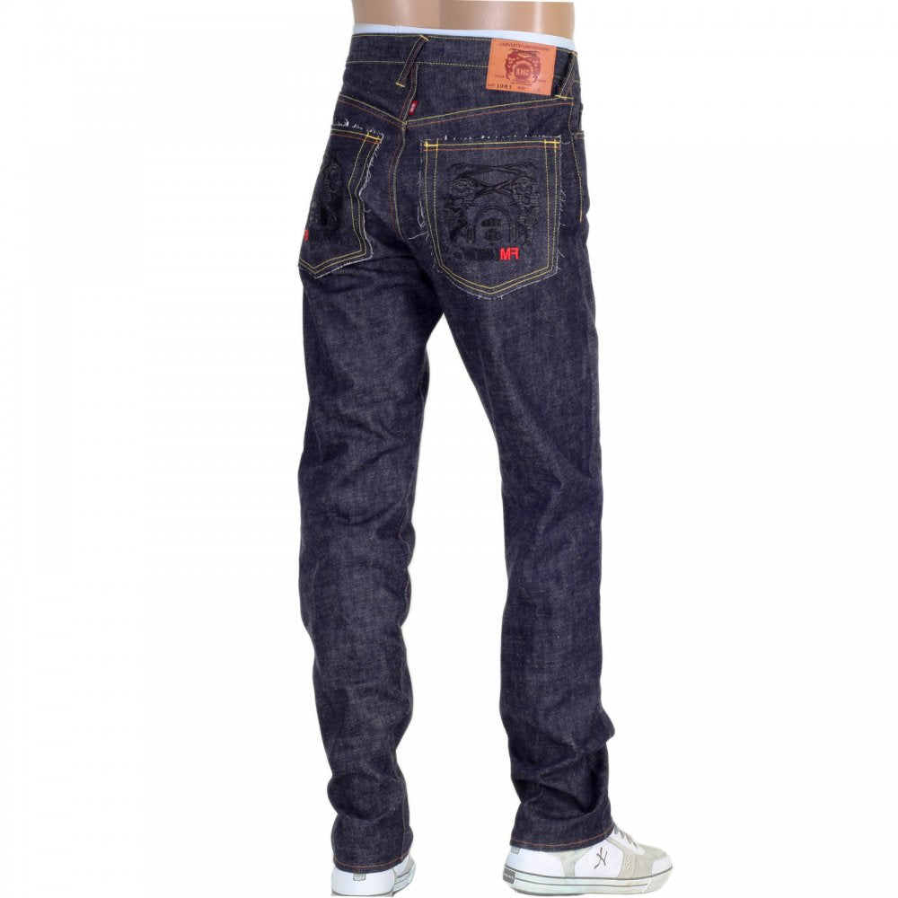 Indigo Raw Japanese Denim Selvedge with Black Embroidered Front and Back