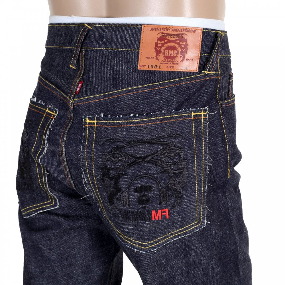 Indigo Raw Japanese Denim Selvedge with Black Embroidered Front and Back