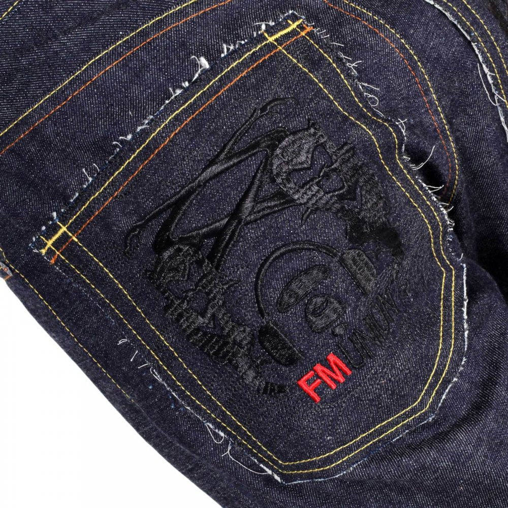 Indigo Raw Japanese Denim Selvedge with Black Embroidered Front and Back