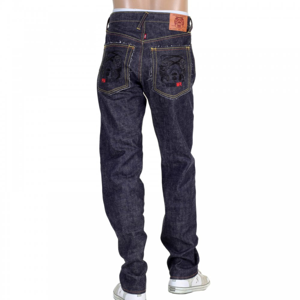 Indigo Raw Japanese Denim Selvedge with Black Embroidered Front and Back