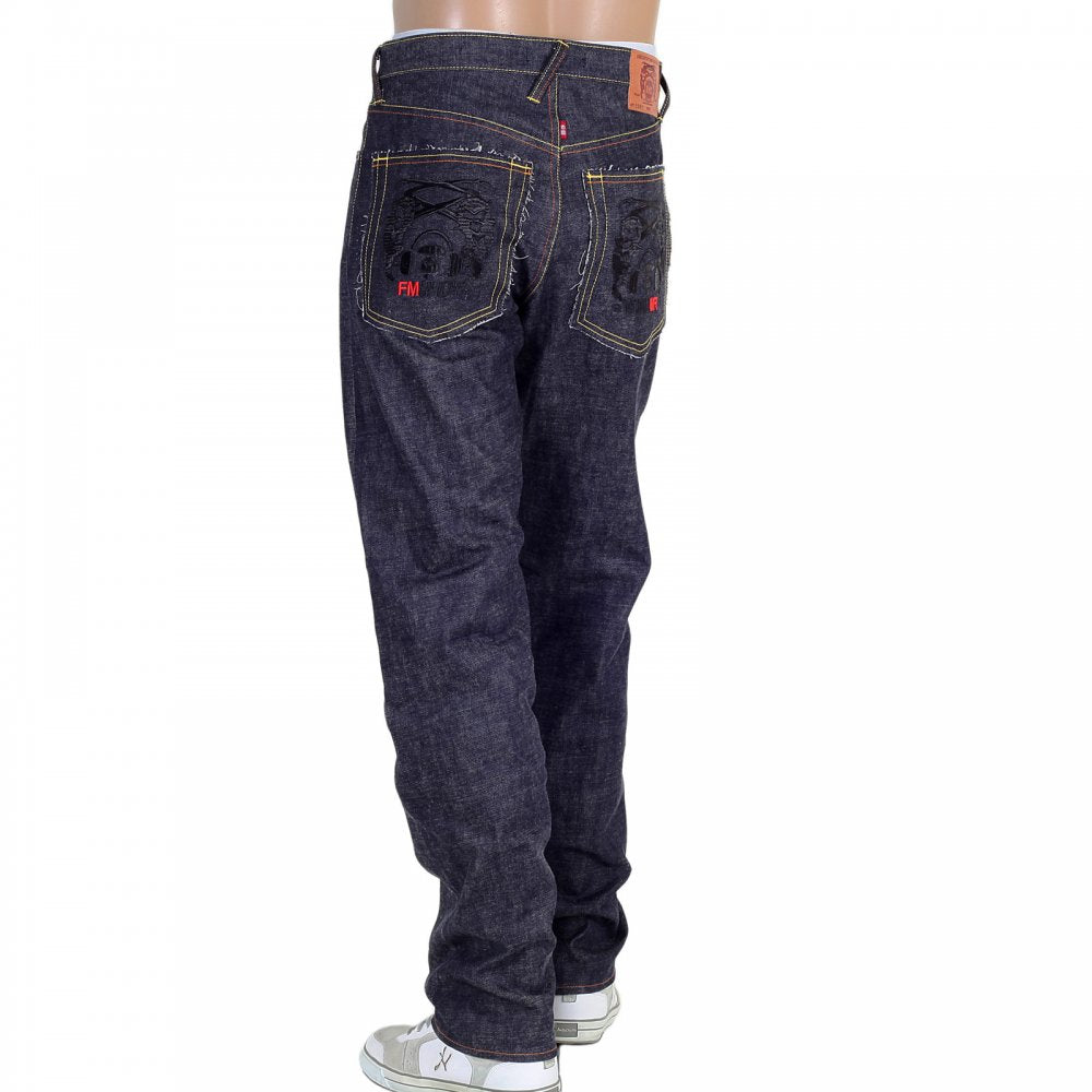 Indigo Raw Japanese Denim Selvedge with Black Embroidered Front and Back