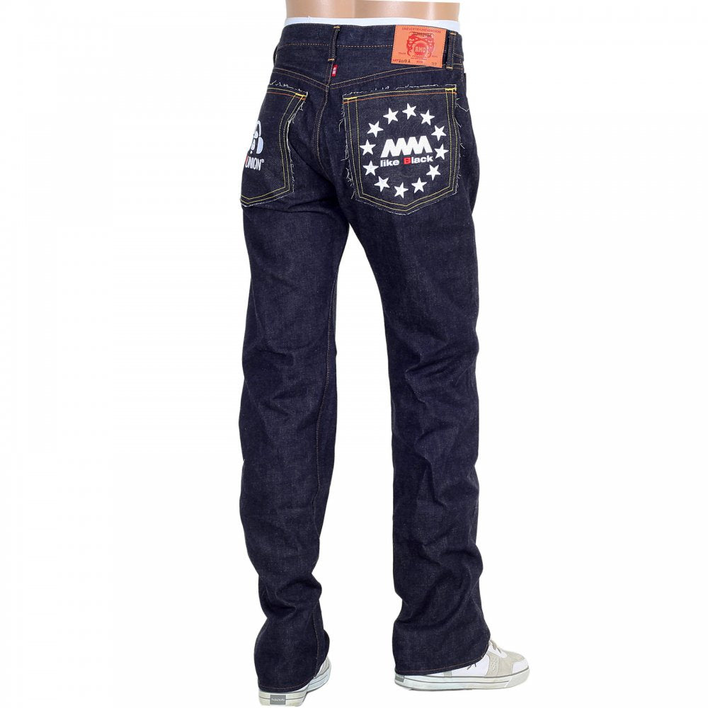 Indigo Raw Japanese Selvedge Denim Jeans with White Embroidery