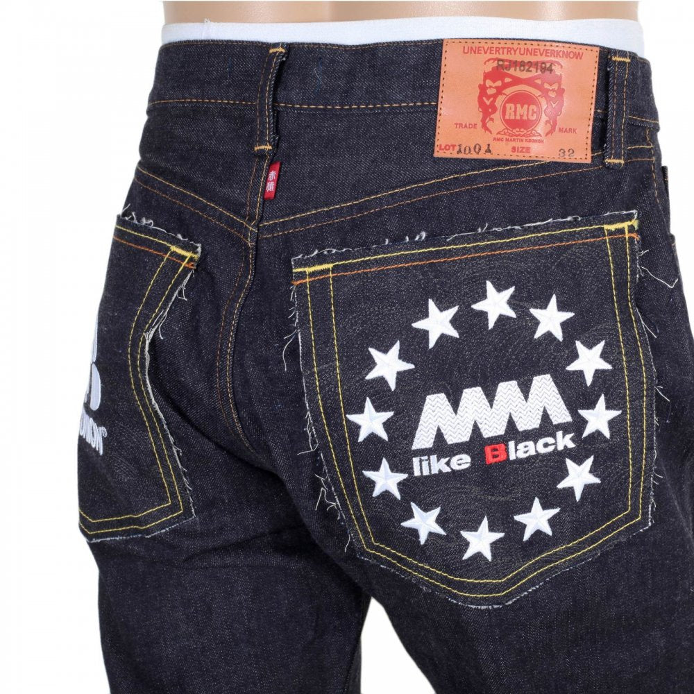 Indigo Raw Japanese Selvedge Denim Jeans with White Embroidery