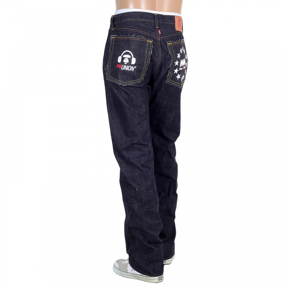Indigo Raw Japanese Selvedge Denim Jeans with White Embroidery