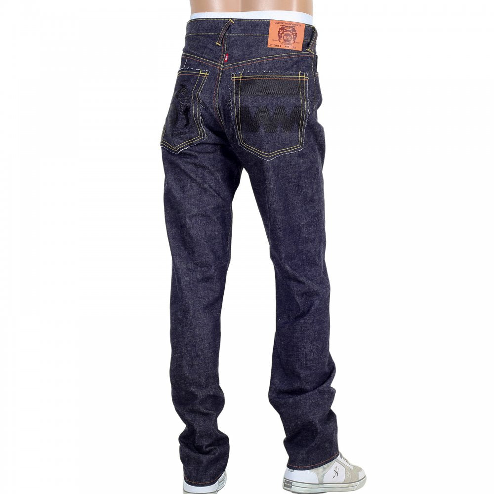 Japanese Selvedge Indigo Raw Denim Jeans with Black Embroidered FM Union