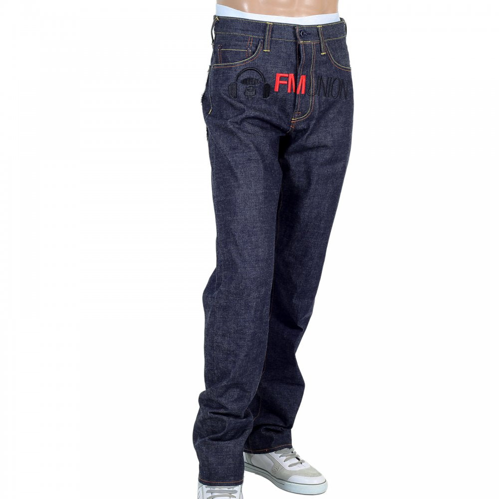 Japanese Selvedge Indigo Raw Denim Jeans with Black Embroidered FM Union