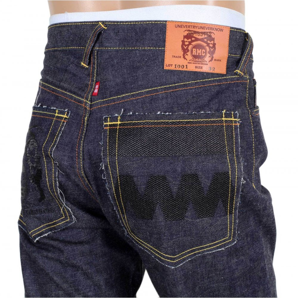 Japanese Selvedge Indigo Raw Denim Jeans with Black Embroidered FM Union