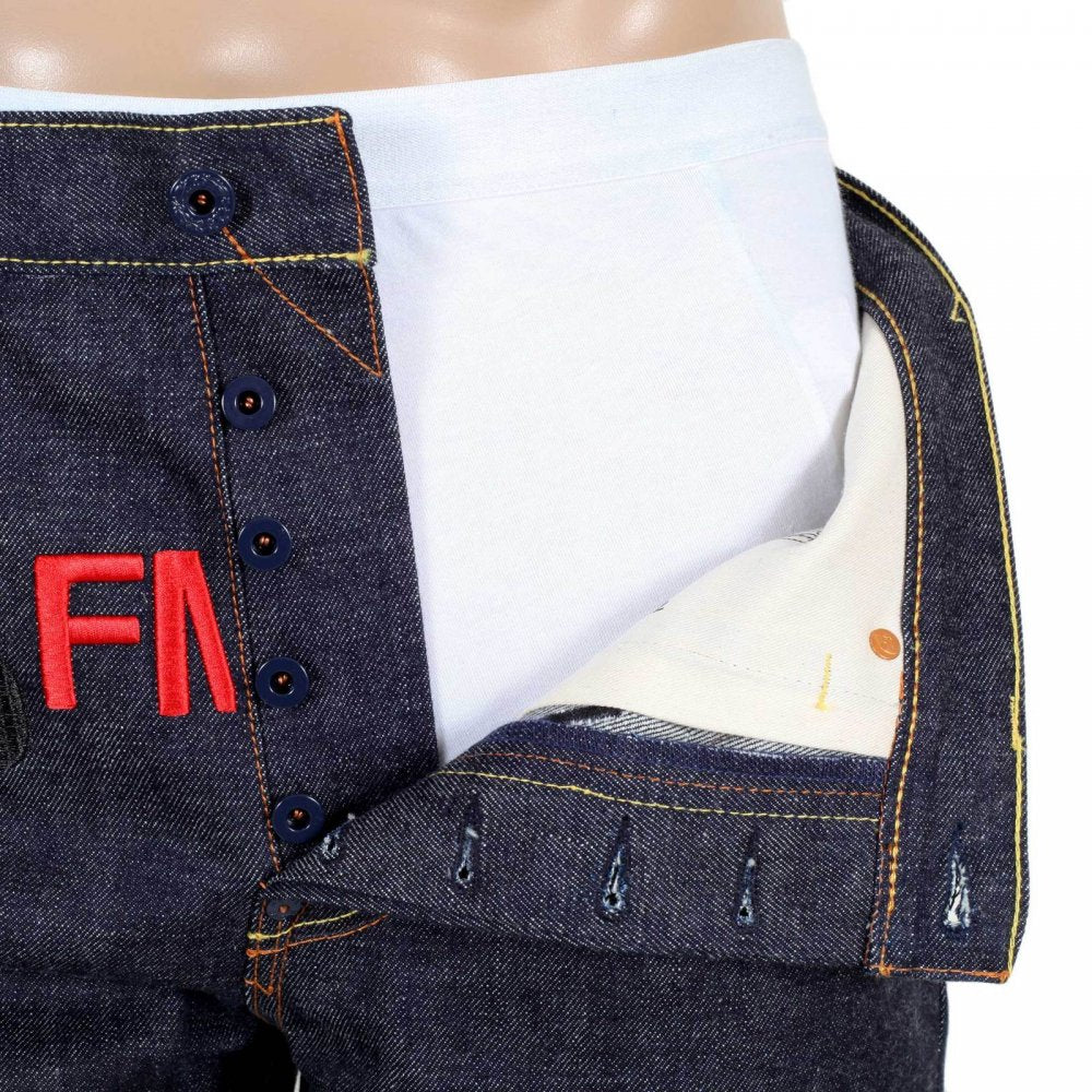 Japanese Selvedge Indigo Raw Denim Jeans with Black Embroidered FM Union