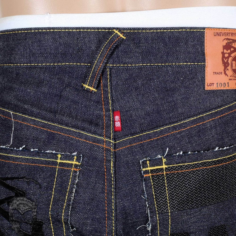 Japanese Selvedge Indigo Raw Denim Jeans with Black Embroidered FM Union