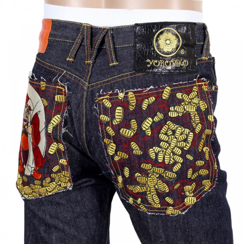 Japan Selvedge Lucky Buddha Gold Nugget Kanji Embroidered Jeans