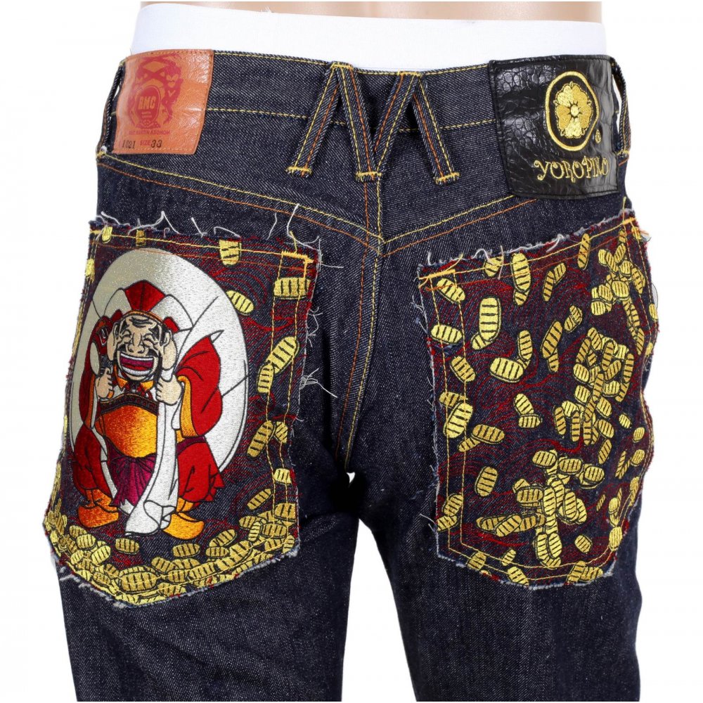 Japan Selvedge Lucky Buddha Gold Nugget Kanji Embroidered Jeans