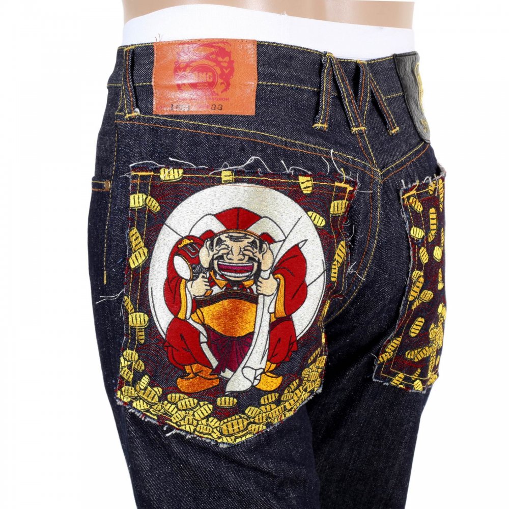 Japan Selvedge Lucky Buddha Gold Nugget Kanji Embroidered Jeans