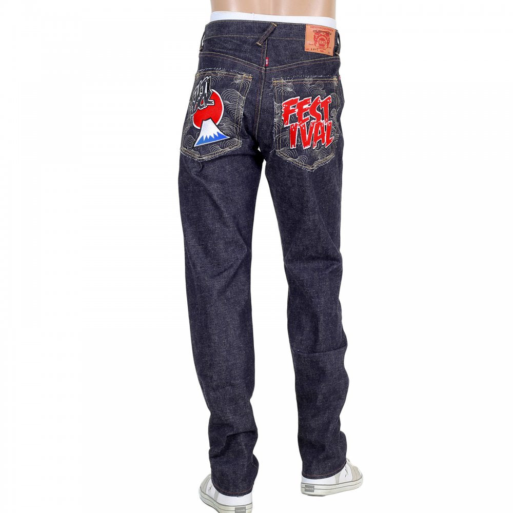 Embroidered Fuji Rock Festival Indigo Denim Jeans