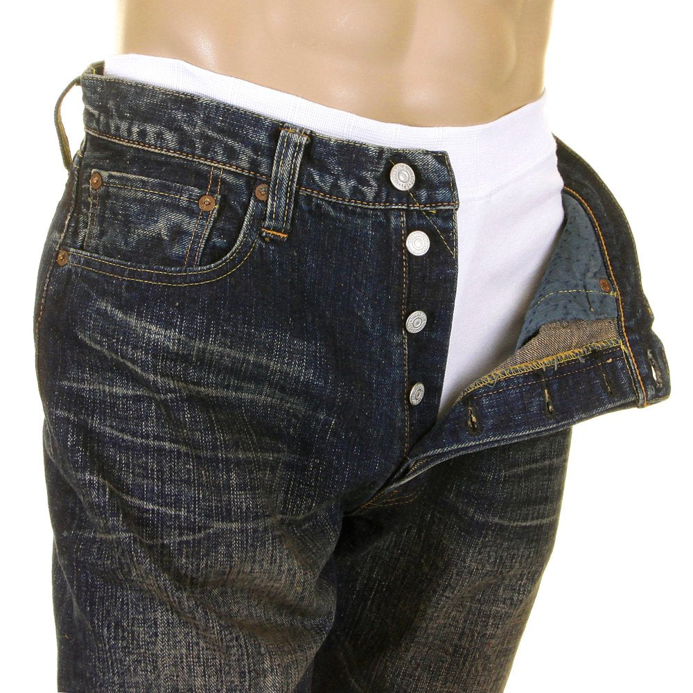 Mens Okinawa Vintage Cut Button Fly Selvedge Hard Wash Denim Jeans SC40301H