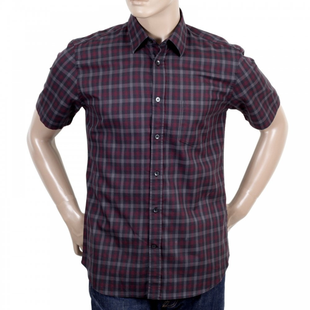 Mens Vicuna Burgundy Check Cotton Short Sleeve Shirt