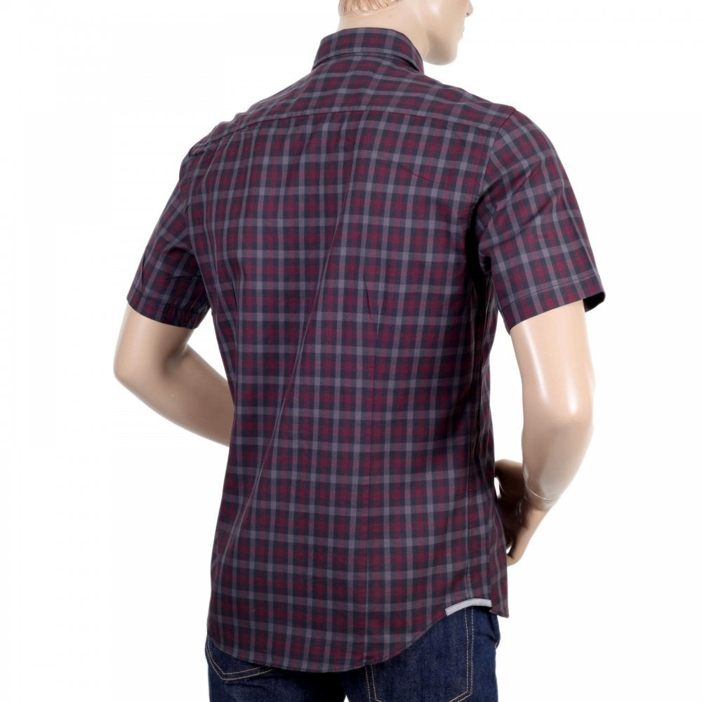 Mens Vicuna Burgundy Check Cotton Short Sleeve Shirt