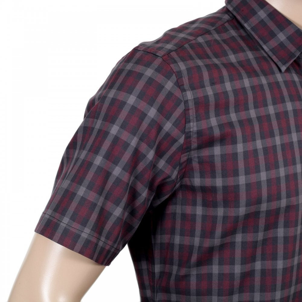 Mens Vicuna Burgundy Check Cotton Short Sleeve Shirt