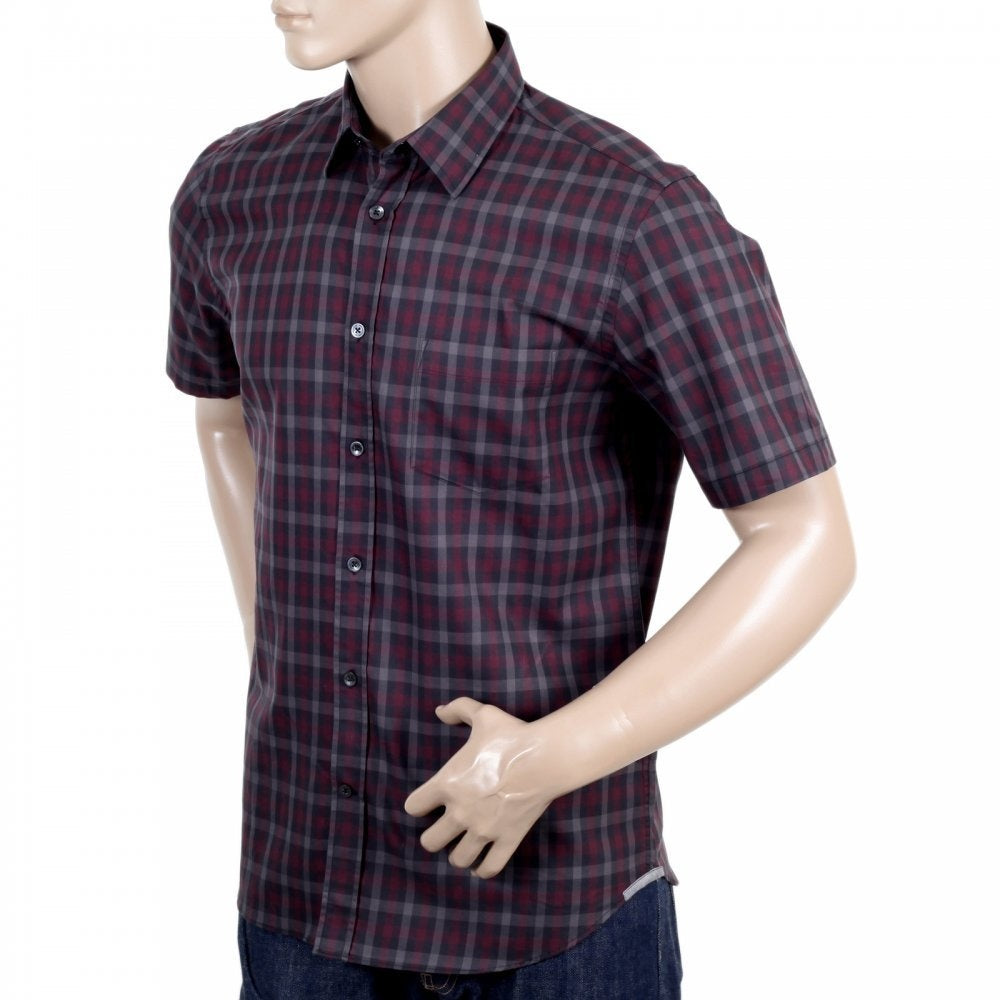 Mens Vicuna Burgundy Check Cotton Short Sleeve Shirt