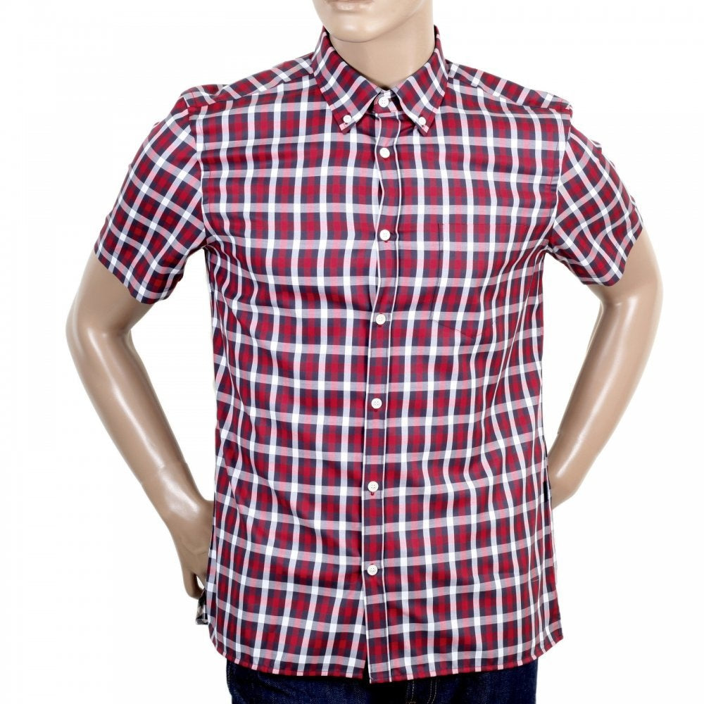 Mens Stretch Cotton Red Stretch Cotton Harrowby Check Shirt with Short Sleeves