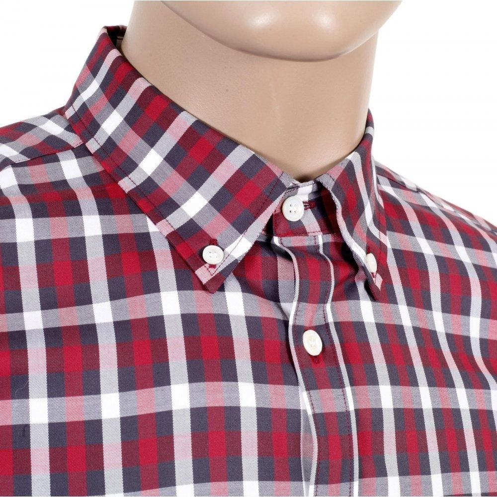 Mens Stretch Cotton Red Stretch Cotton Harrowby Check Shirt with Short Sleeves