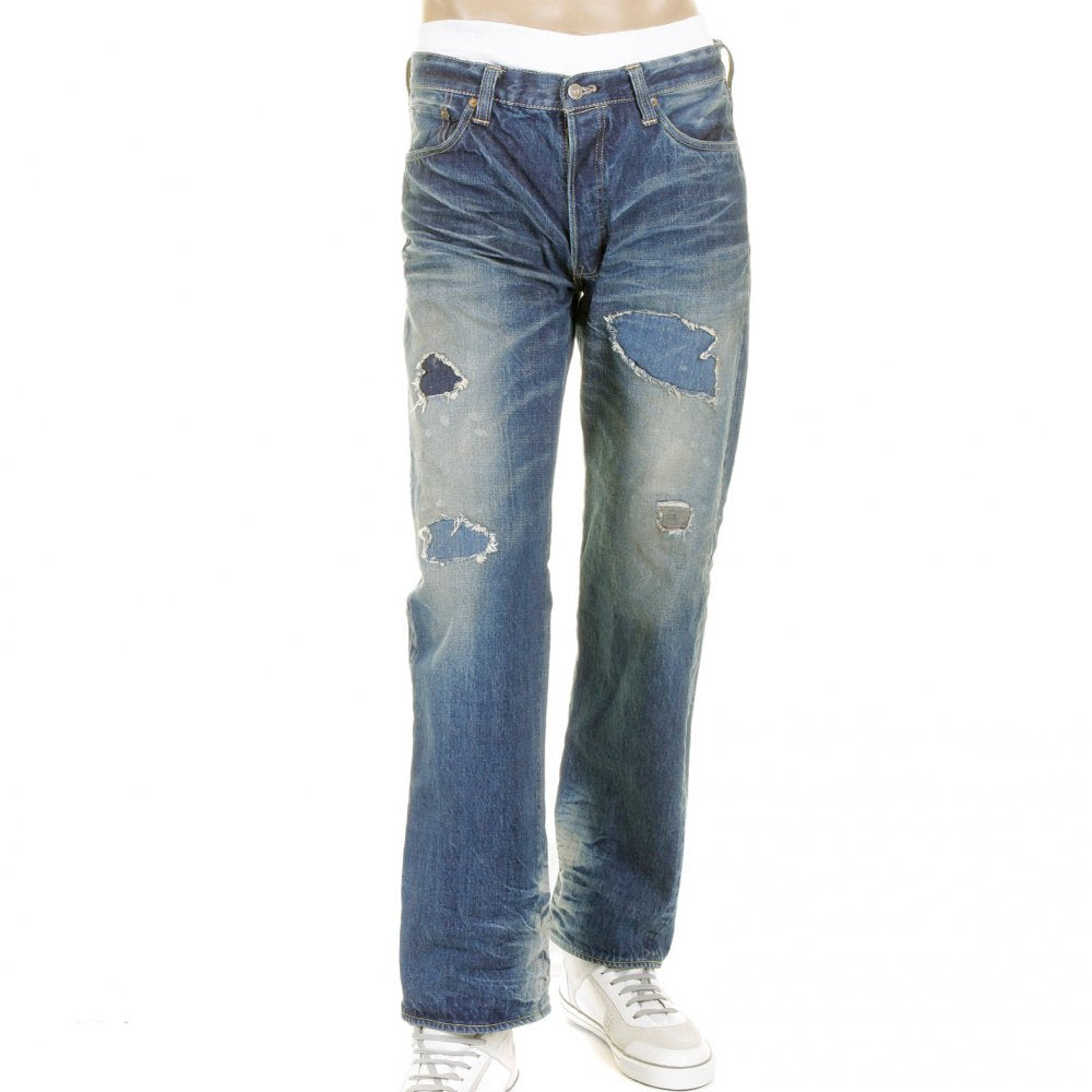 Mens 10 Year Aged Vintage Cut Lone Star Japanese Selvedge Denim Jeans with Torn and Repaired Patches SC40901R