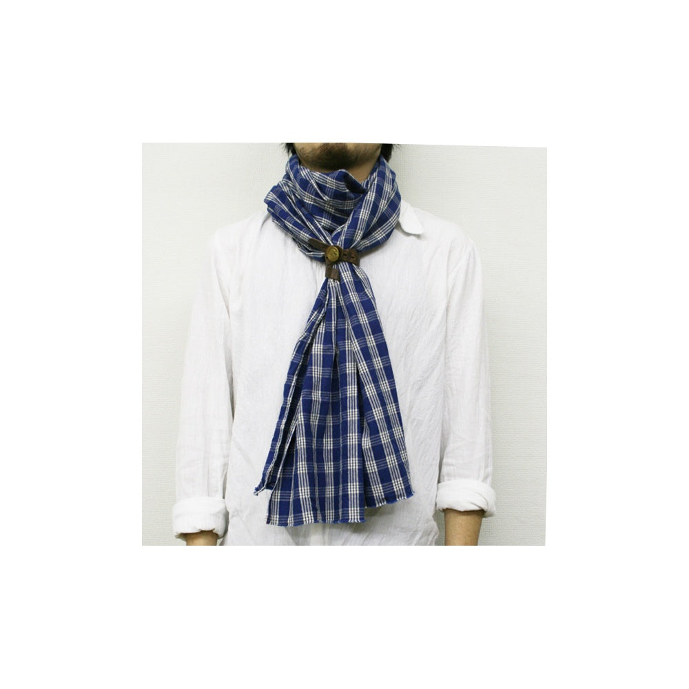 Mens One Wash Blue Palaka Vintage Cut Oversized Stole Scarf in Navy with Leather Stole Ring SC01968A
