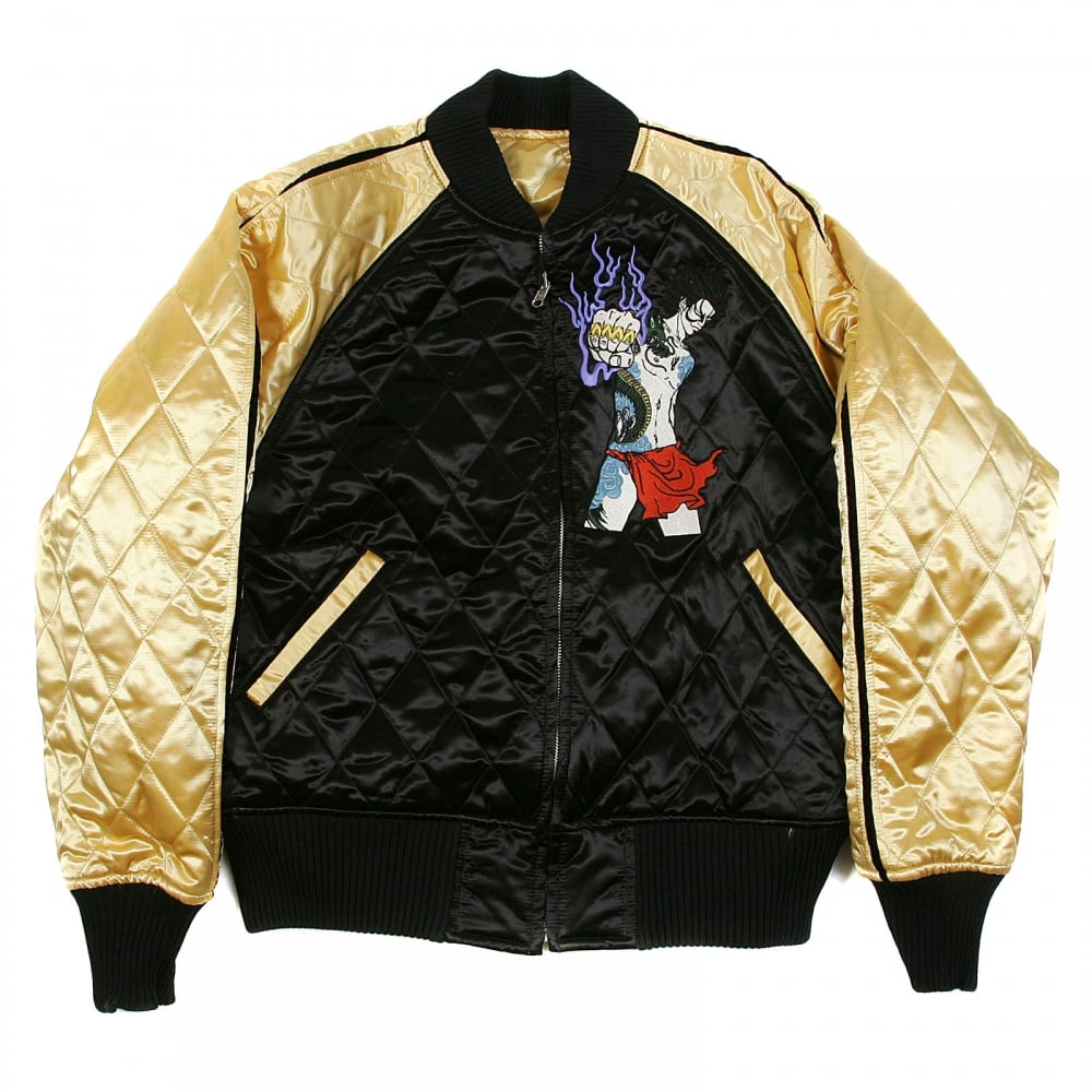 Black and Gold Quilted Regular Fit Blouson Jacket with Embroidered Samurai Woman and 4A Hero