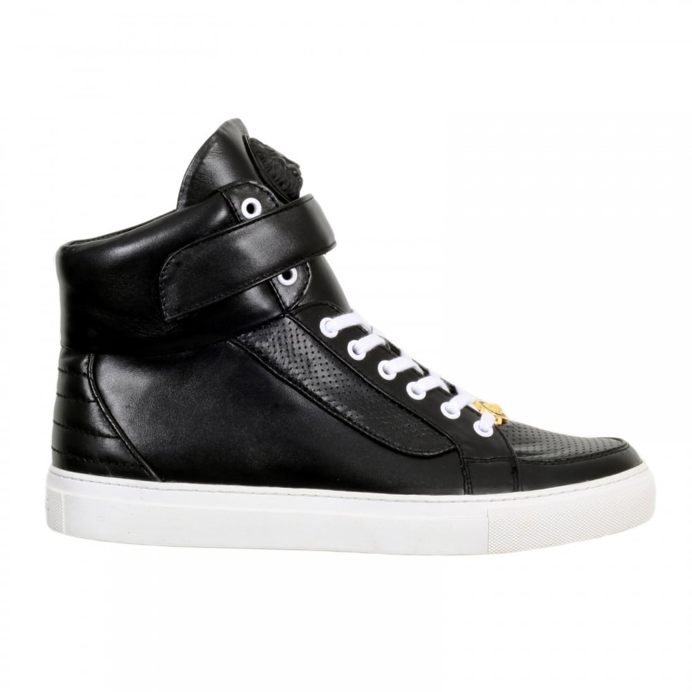 Black Leather Hi Top Sneakers for Men with White Laces and Sole