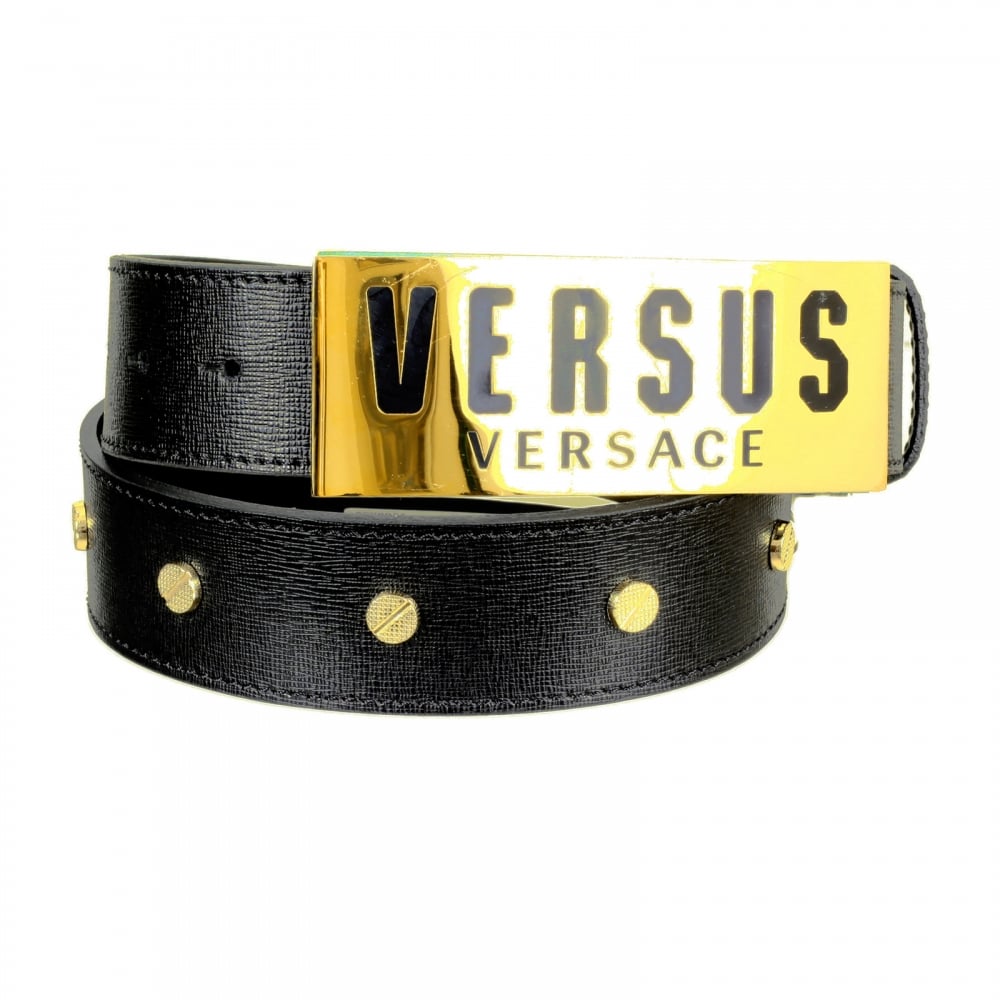 Mens Black Leather Belt with Gold Finish Rectangular Pin Buckle