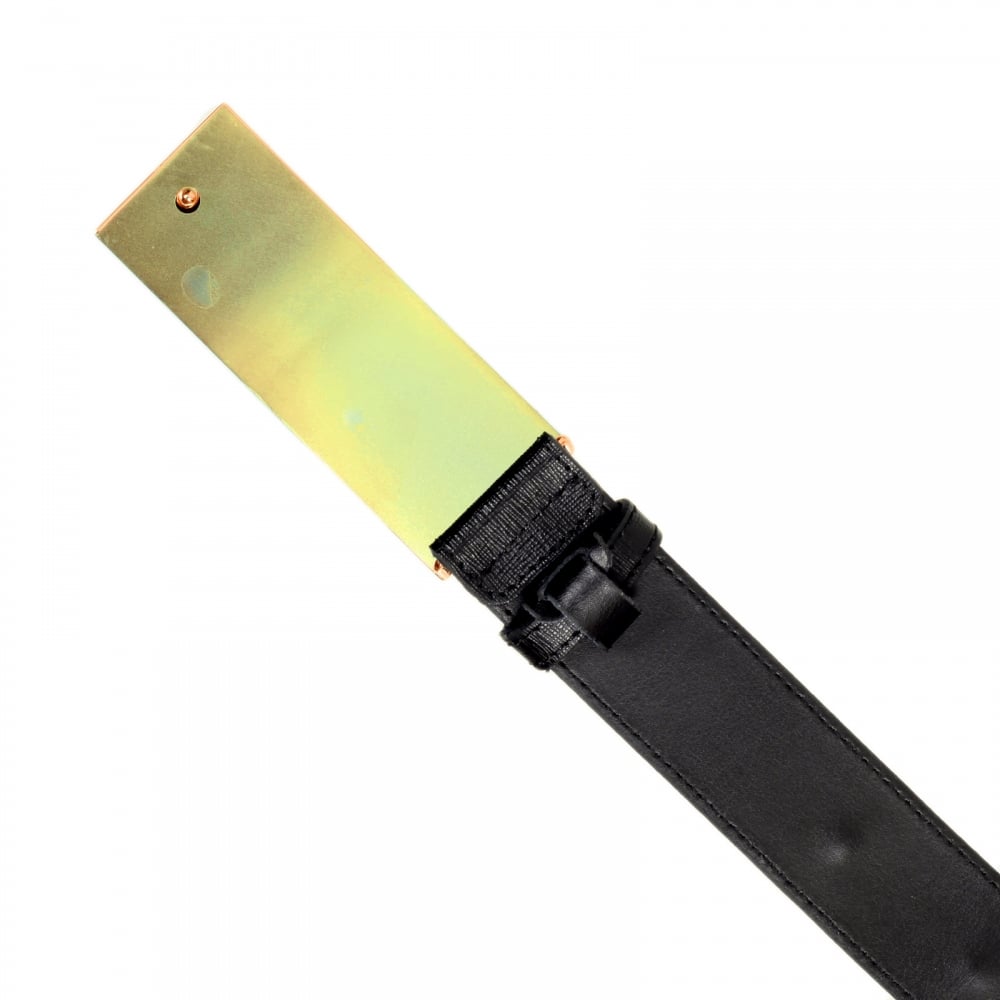 Mens Black Leather Belt with Gold Finish Rectangular Pin Buckle