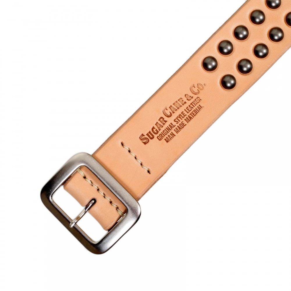 Mens Studded Beige Leather SC02322 Garrison Belt with Silver Square Buckle