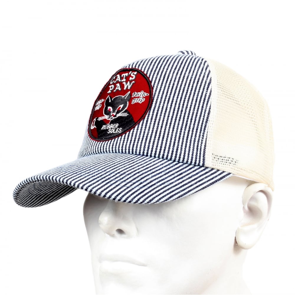 Mens CP02328 Hickory Narrow Striped Truckers Cap with Off White Mesh Back